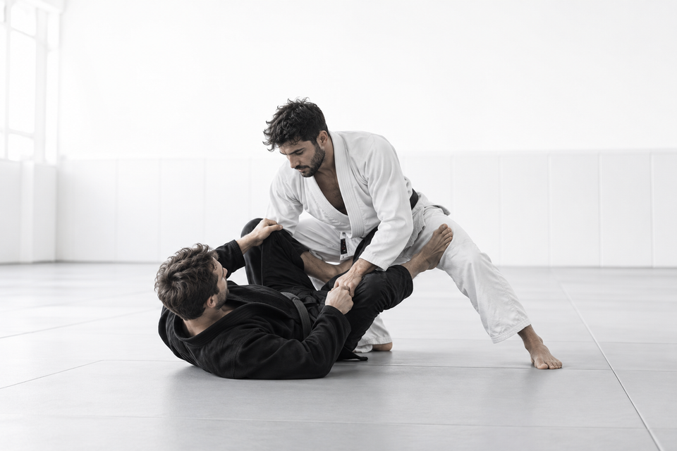 Two athletes practicing Brazilian jiu-jitsu, one in a white gi and one in a black gi